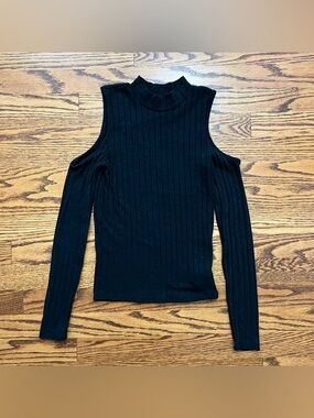 American Eagle Outfitters Black Ribbed Cold-Shoulder Mock Neck Top